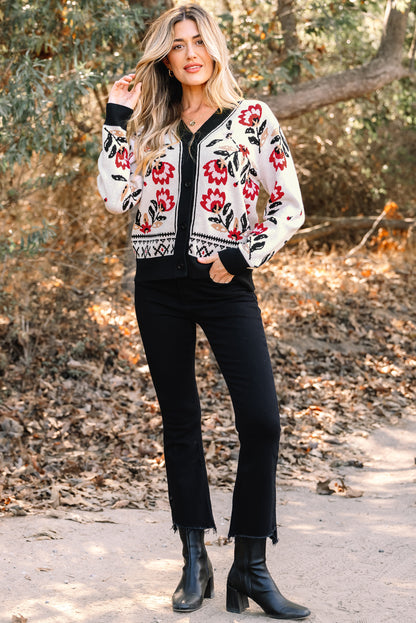Cárdigan de punto con cuello de pico, botones delanteros y estampado floral beige