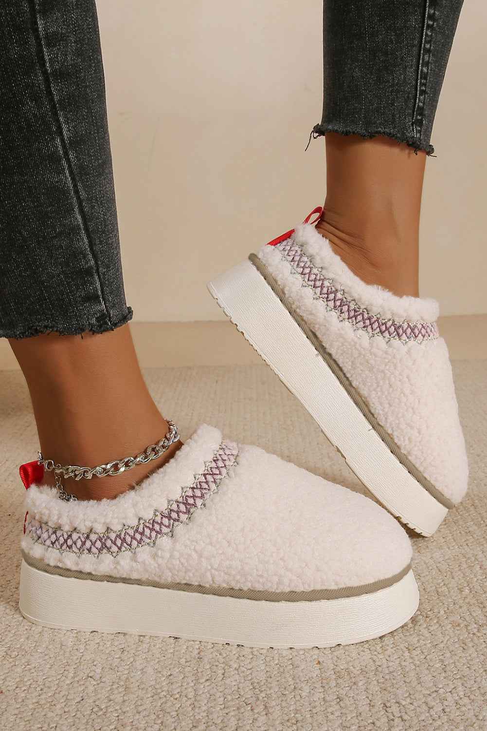 Chestnut Embroidered Sherpa Plush Thick Sole Snow Boots