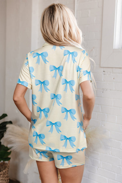 Yellow Bow Printed Short Sleeve Shirt Shorts Pajama Set - Snoopy's Closet