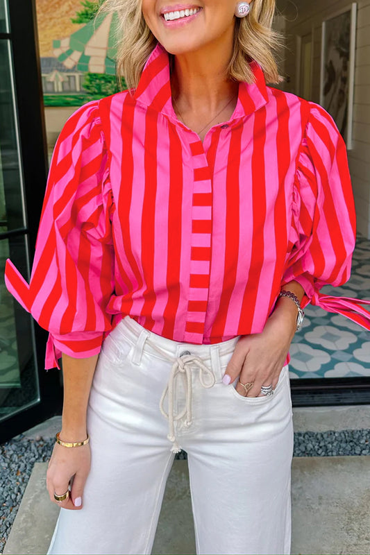Camisa de mujer con botones, manga abullonada y raya roja