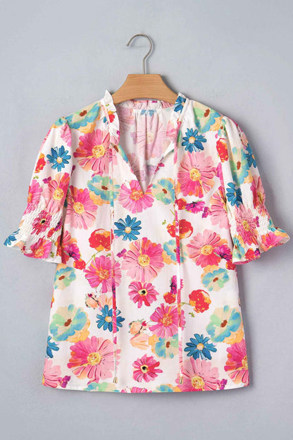 Beige Vibrant Summer Floral Tie V Neck Short Puff Sleeve Blouse