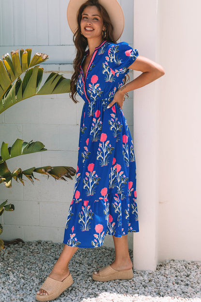 Vestido maxi de cintura alta, cuello en V y manga corta abullonada con estampado floral azul cielo