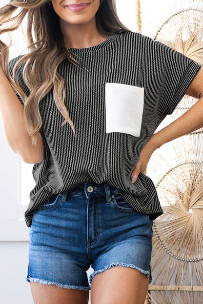 Light Blue Corded Knit Color Block Pocketed Crew Neck T Shirt - Snoopy's Closet