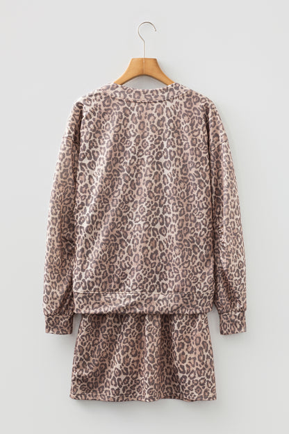 Light French Beige Leopard Print V Neck Pullover Mini Skirt 2pcs Set - Snoopy's Closet