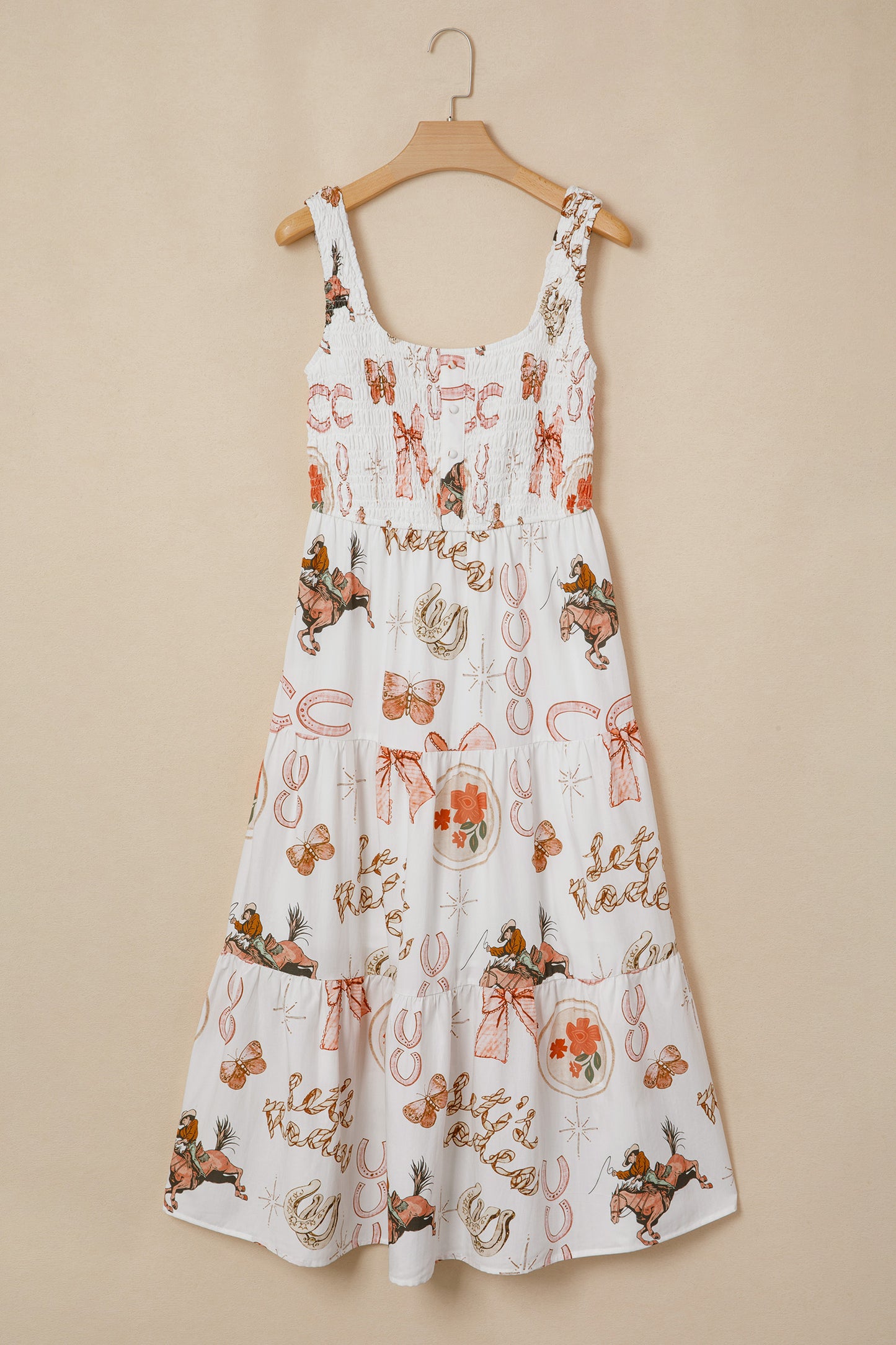 Vestido midi sin mangas con cuello de pico y estampado de herraduras del Oeste en blanco