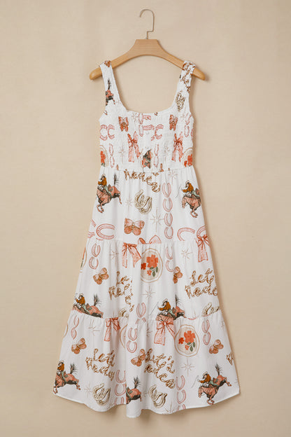 Vestido midi sin mangas con cuello de pico y estampado de herraduras del Oeste en blanco