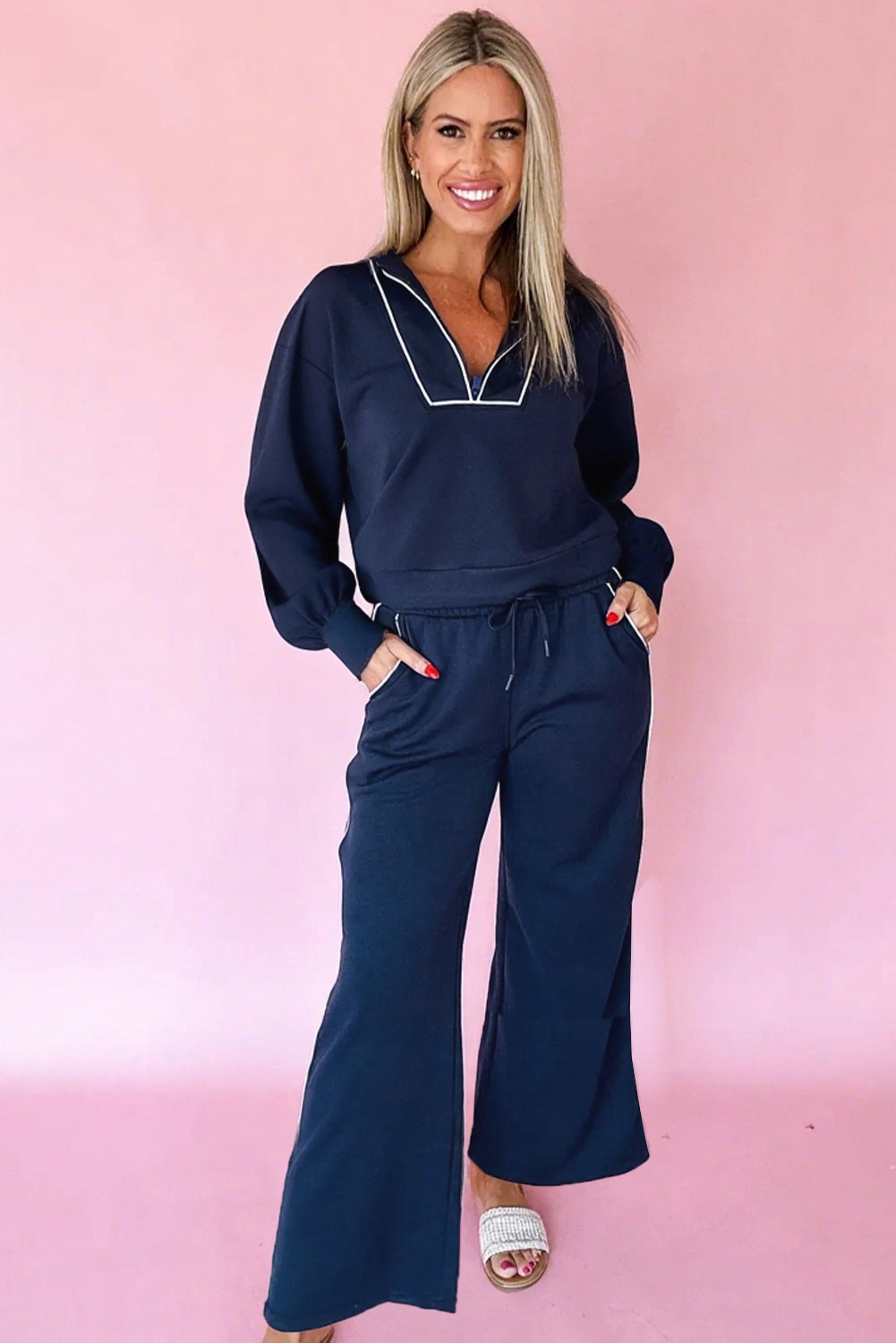 Navy Blue Contrast Piping Zipped Pullover Cropped Pants Set - Snoopy's Closet