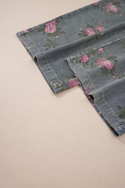 Mono vaquero de pierna ancha plisado de talle alto con estampado floral gris Beau