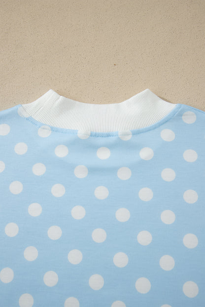 Sky Blue Polka Dot Print Color Block Trim Mock Neck Short Set - Snoopy's Closet