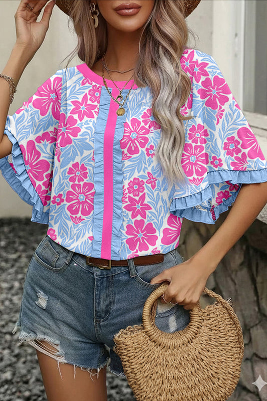 Blusa de Media Manga con Estampado Floral de Rosas y Volantes en Bloques de Color