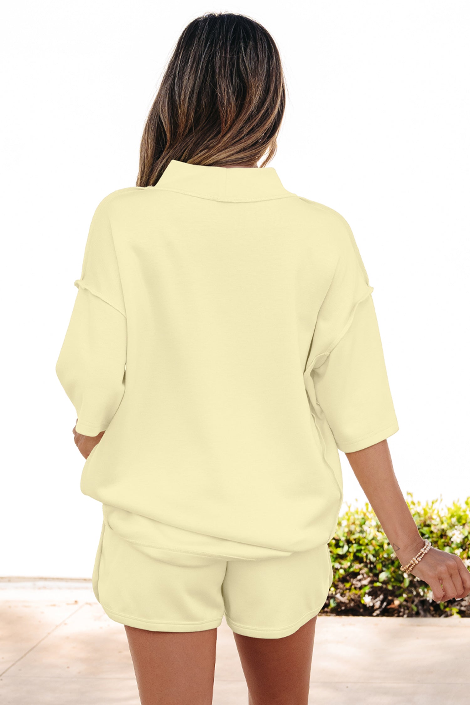 Moonlight Jade Solid Color Exposed Seam Mock Neck Oversize Tee Casual Shorts 2pcs Outfit - Snoopy's Closet