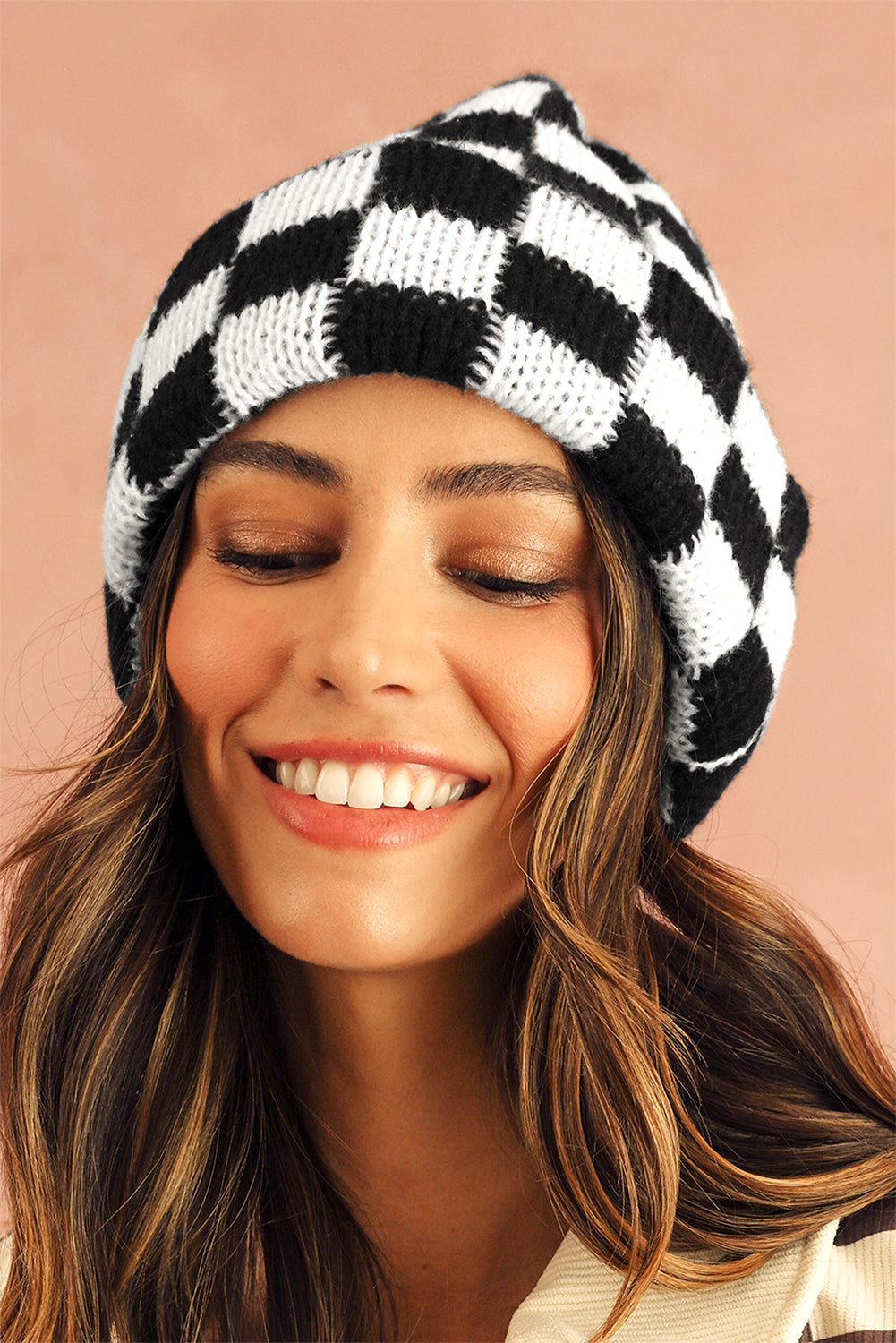 Gorro Beanie sin visera a cuadros de dos tonos negro