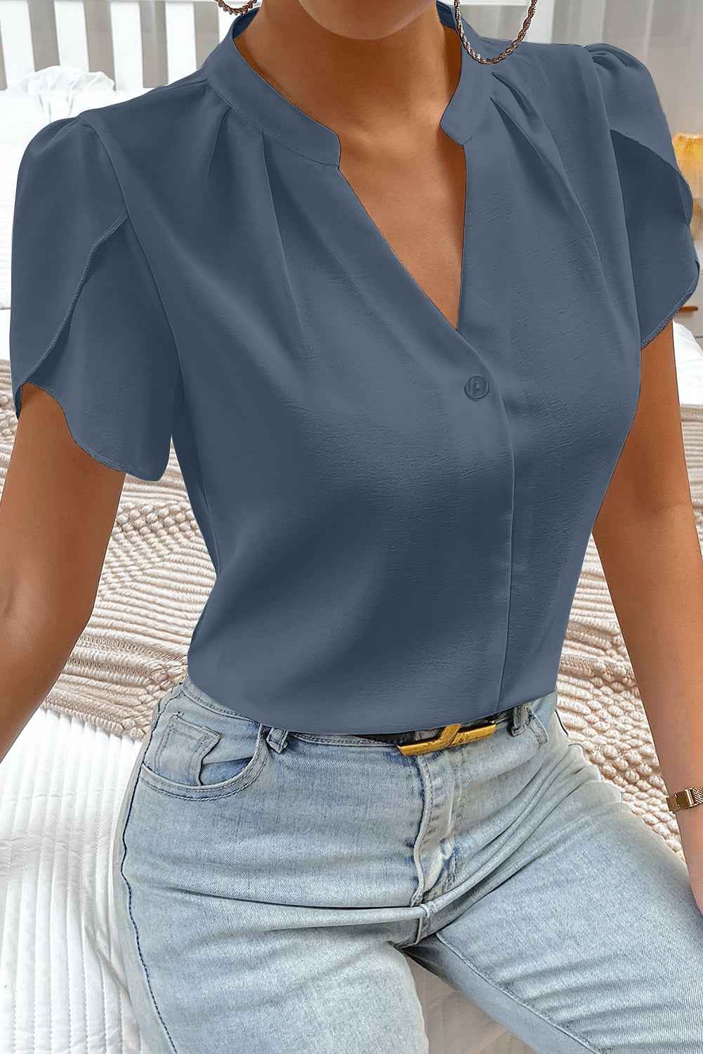 Beige Silky Notched Neckline Petal Sleeve Blouse