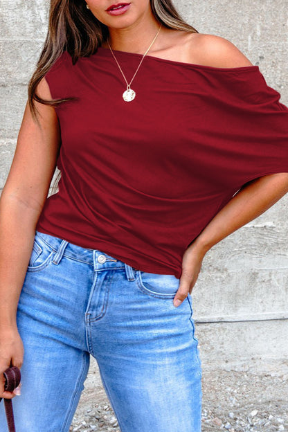 Burgundy Plus Size Solid Color Asymmetric Neck Short Sleeve Blouse - Snoopy's Closet