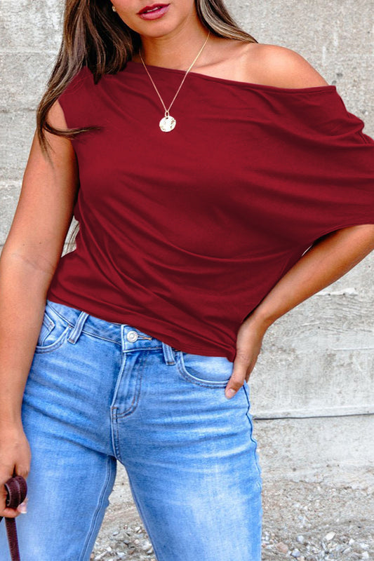 Burgundy Plus Size Solid Color Asymmetric Neck Short Sleeve Blouse - Snoopy's Closet