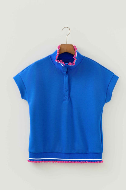 Sky Blue Contrast Frilled Trim Button Collared Short Sleeve Knit Top