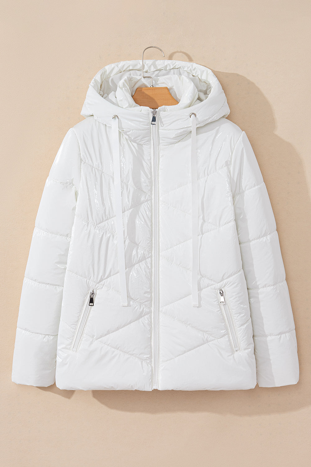 White Solid Quilted Hooded Zip Up Puffer Coat - Snoopy's Closet