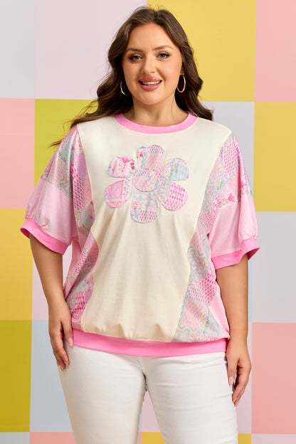Camiseta de algodón de manga corta con estampado floral patchwork y bordado, talla grande, color beige