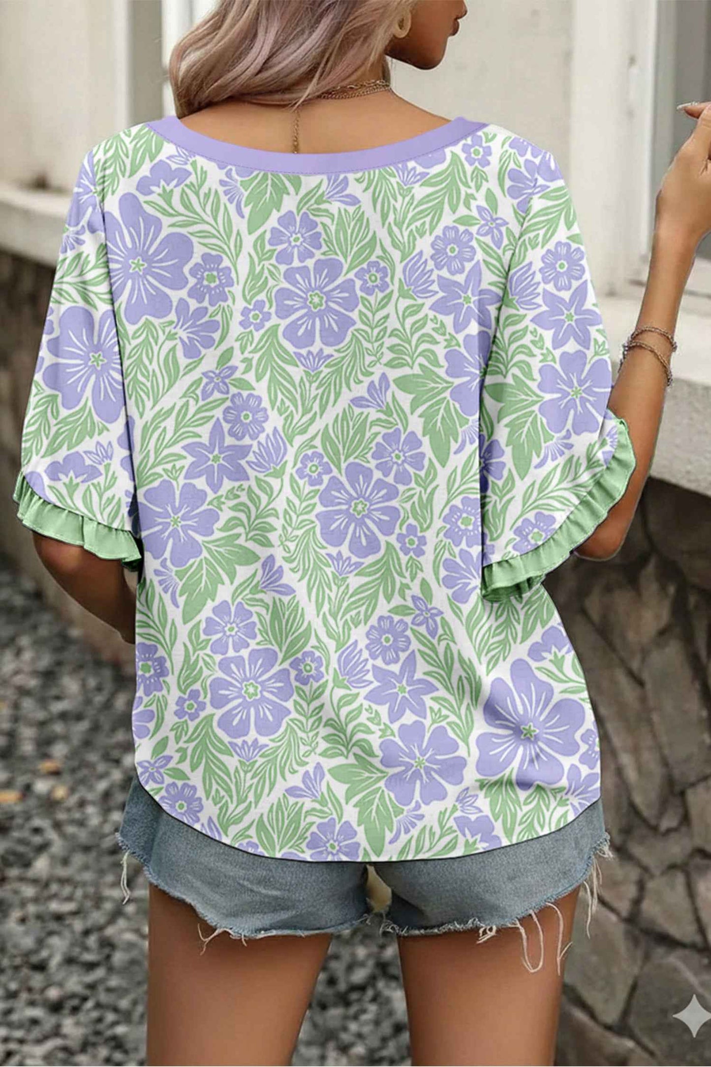Sky Blue Floral Print Ruffled Color Block Trim Half Sleeve Blouse