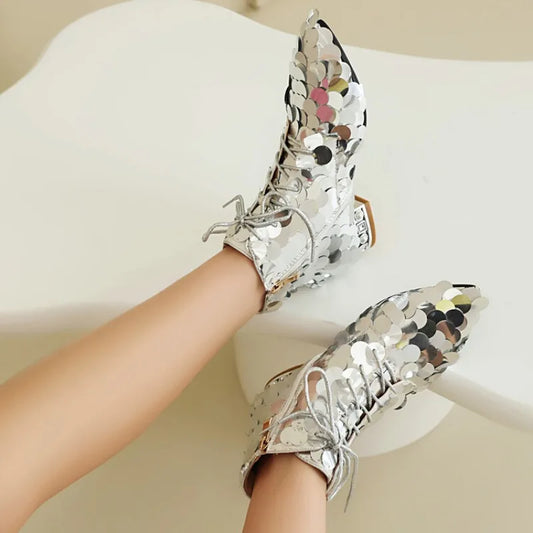 Women Gold Bling Bling Boots Silver Glitter Low Heels Big Round Sequins Booties Lace-up Zipper Woman