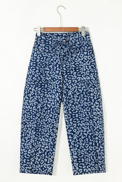 Khaki Leopard Printed Drawstring Elastic Waistband Pocketed Barrel Jeans - Snoopy's Closet