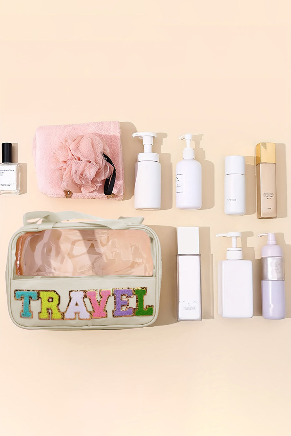 Light Pink TRAVEL Chenille Letter Clear PVC Makeup Bag - Snoopy's Closet