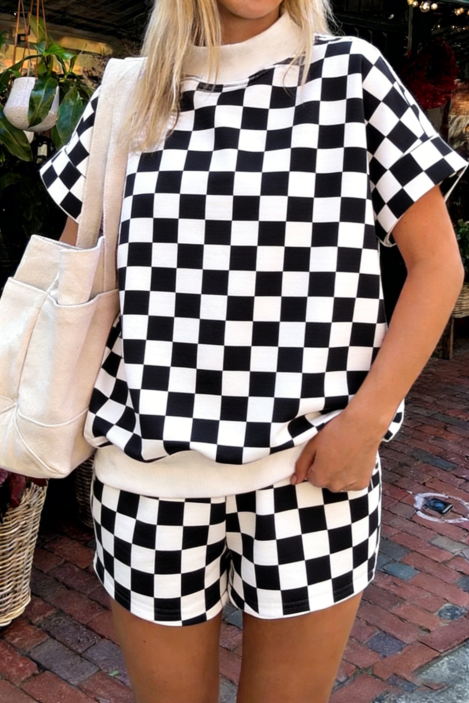 Pink Checkered Print Color Block Trim Mock Neck Short Set - Snoopy's Closet