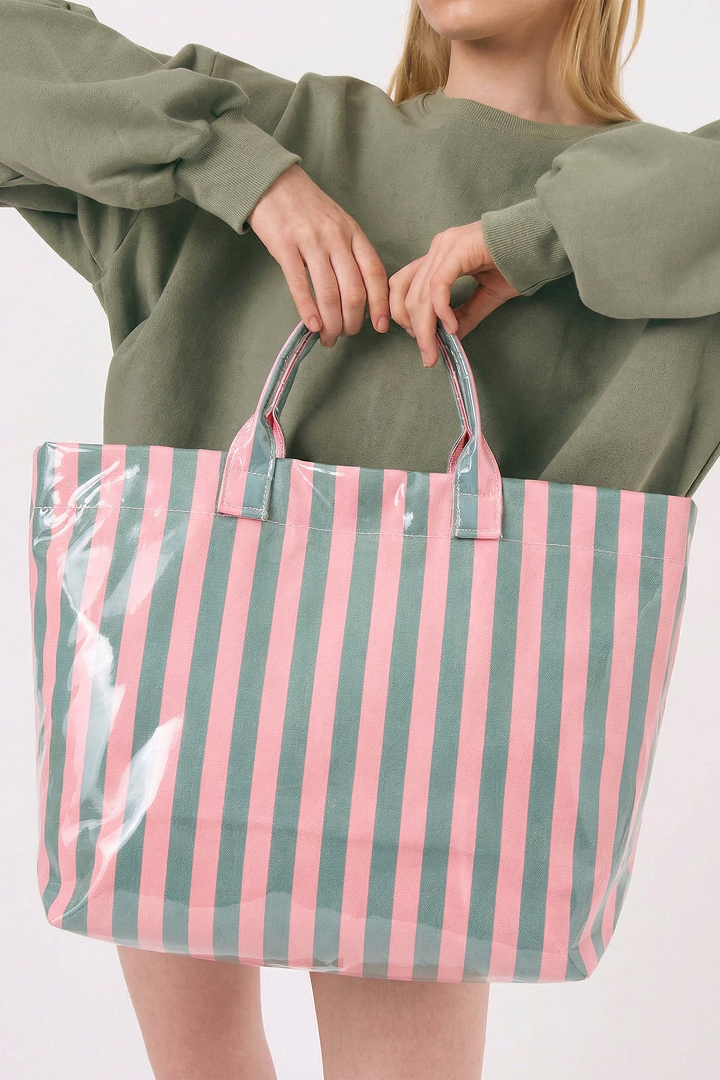 Blackish Green Glossy Striped Vinyl Large Tote Bag - Snoopy's Closet