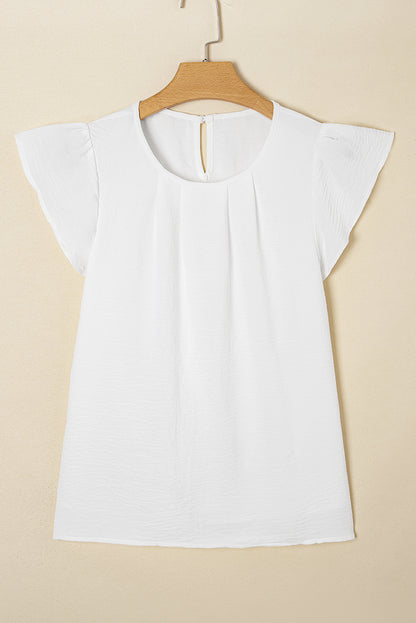 White Flounce Sleeve Pleated Textured Blouse - Snoopy's Closet