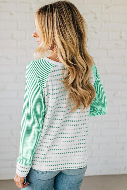 Green Stripe Raglan Patchwork Long Sleeve Tee - Snoopy's Closet