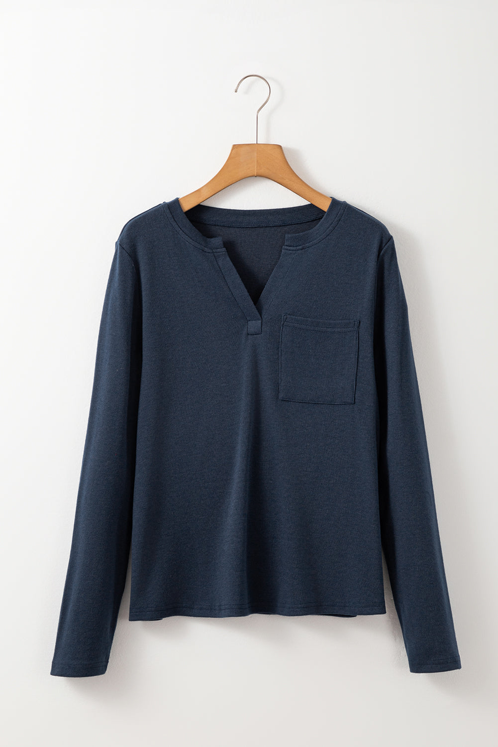 Dirty blue Notch V Neck Pocket Patched Long Sleeve T Shirt - Snoopy's Closet