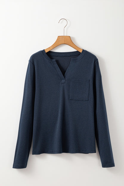 Dirty blue Notch V Neck Pocket Patched Long Sleeve T Shirt - Snoopy's Closet