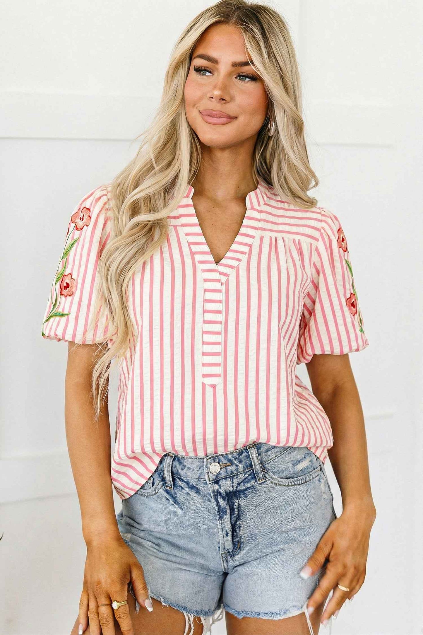 Pink Stripe Print Floral Embroidered Puff Sleeve V Neck Blouse
