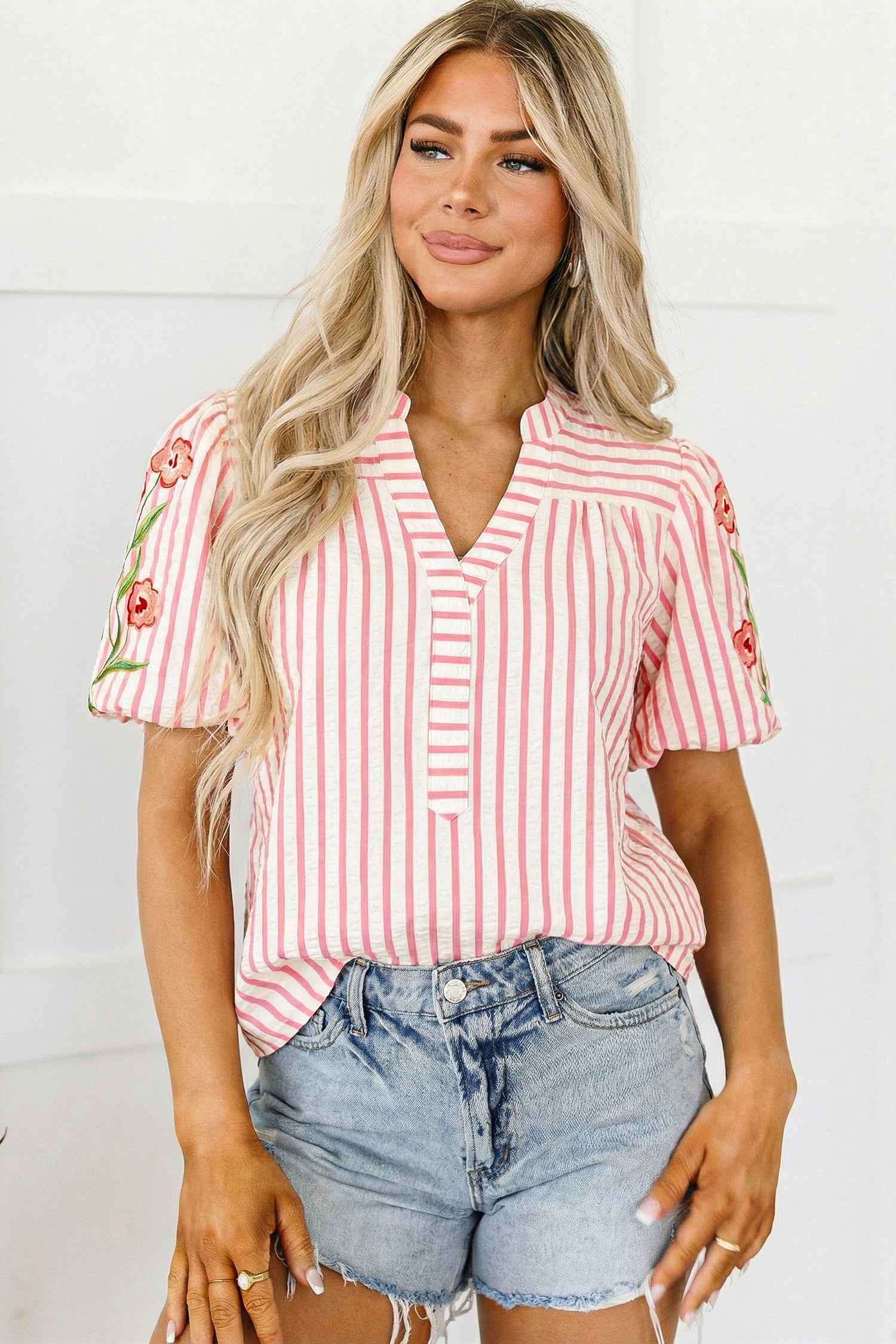 Pink Stripe Print Floral Embroidered Puff Sleeve V Neck Blouse