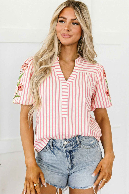Pink Stripe Print Floral Embroidered Puff Sleeve V Neck Blouse