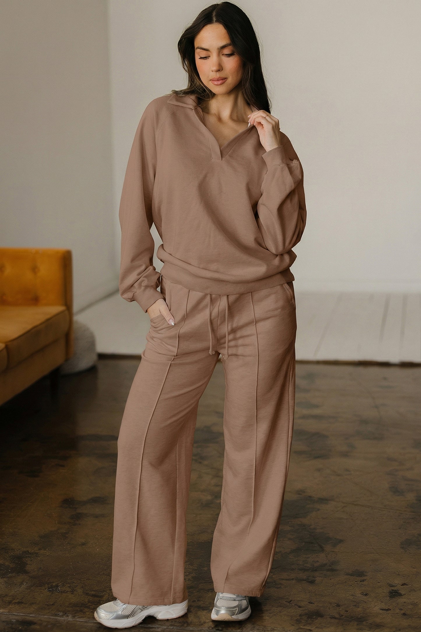 Dark Khaki Polo Collar V Neck Pullover and Drawstring Sweatpants Set - Snoopy's Closet