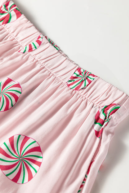 Pink Christmas Candy Contrast Trim Bow Knot Silky 2pcs Pajama Set - Snoopy's Closet