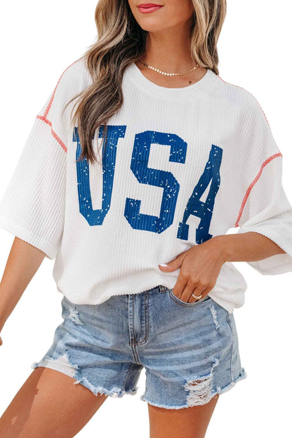 Beau Blue USA Graphic Half Sleeve Loose Ribbed Top