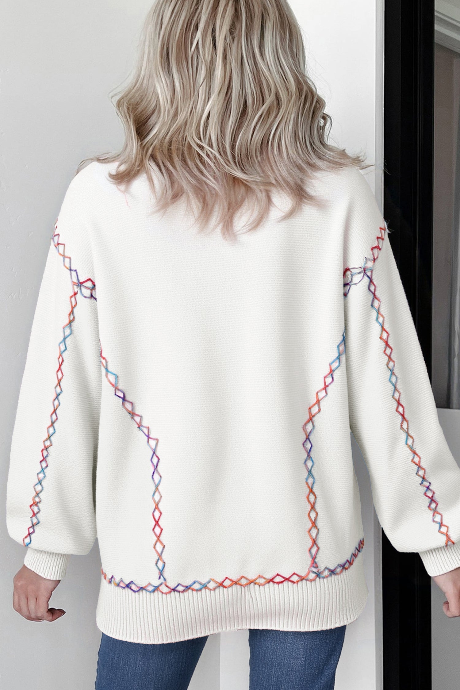 White Rainbow Stitching Balloon Sleeve Relaxed Sweater - Snoopy's Closet