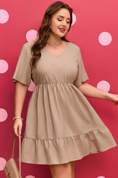 Vestido Texturizado de Manga Corta con Volantes Talla Grande Color Caqui Oscuro