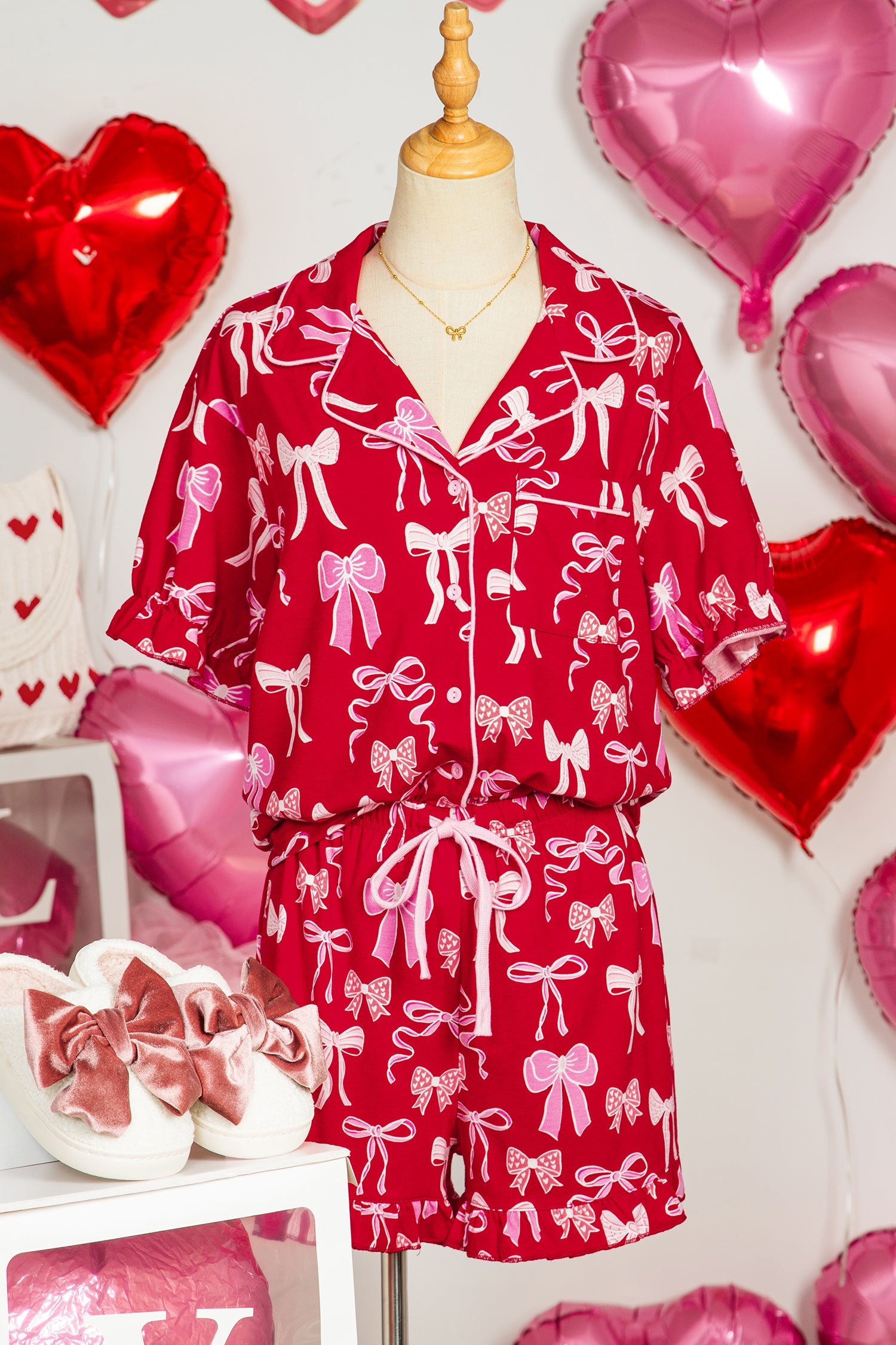 Red Sweet Bow Print Ruffled Short Sleeve Shirt Shorts 2pcs Pajama Set - Snoopy's Closet
