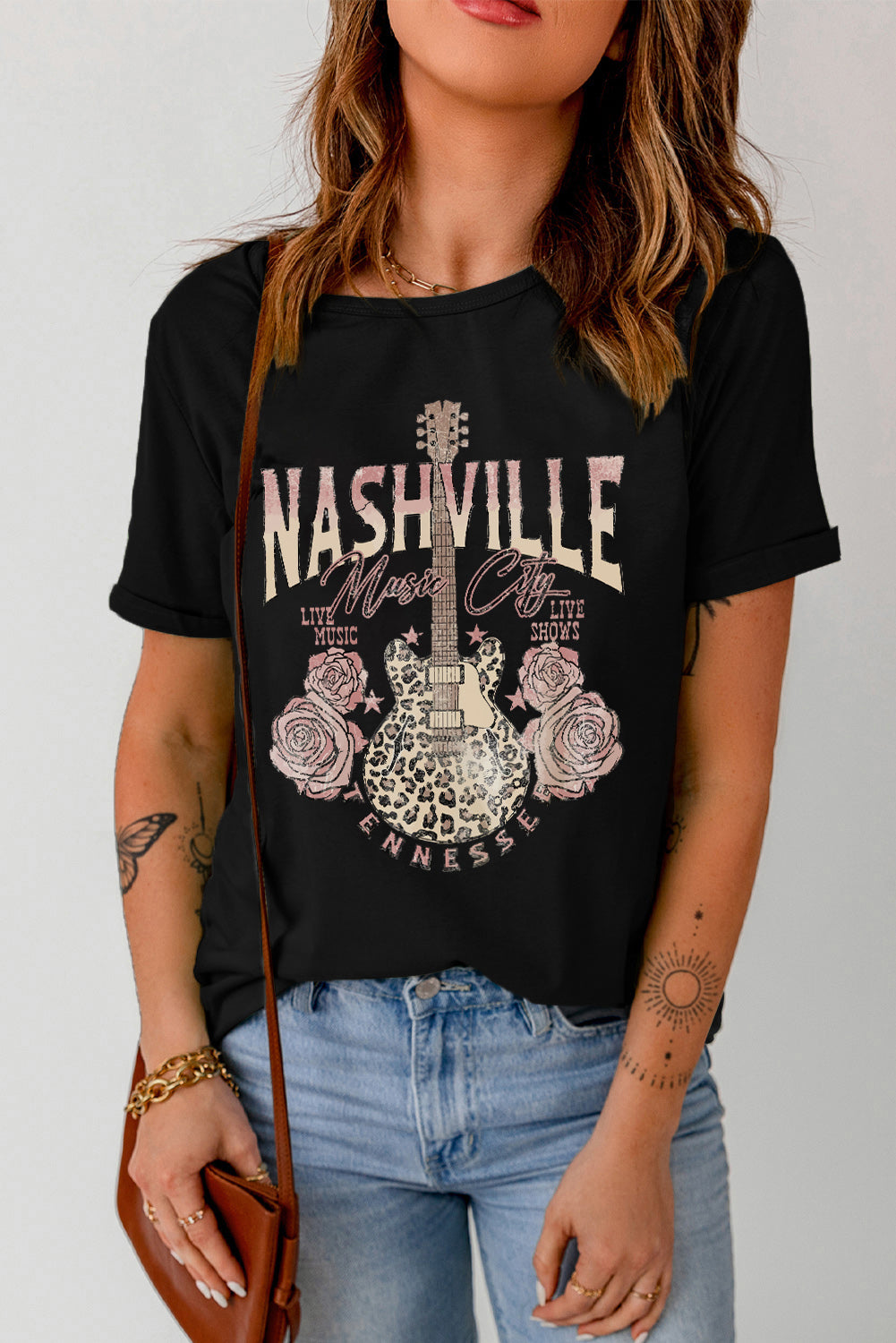 Camiseta negra con estampado de guitarra de leopardo Music City de Nashville