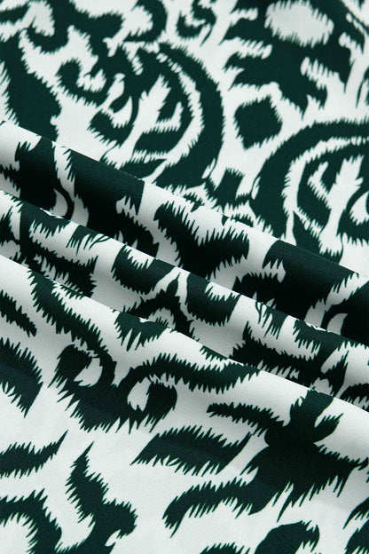 Green Damask Print Ruffled Color Block Detail Half Sleeve Blouse