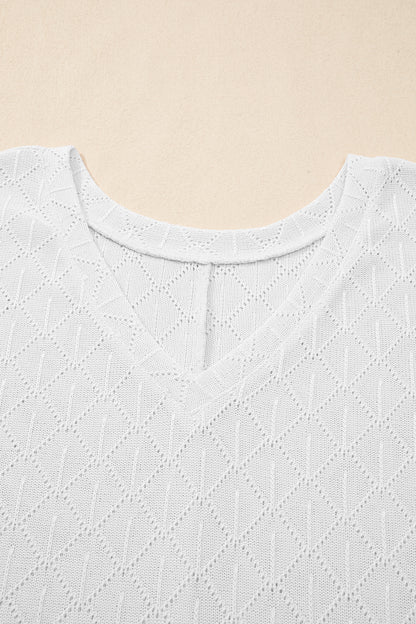 Top suelto de punto calado blanco con escote de pico y rombos, talla grande