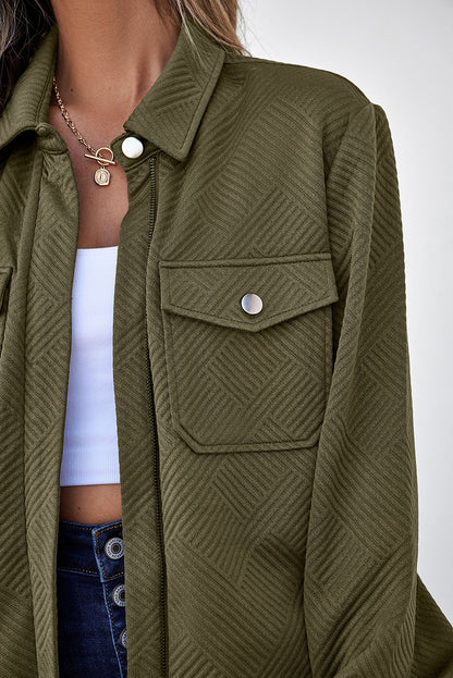 Chaquetas con cuello, color verde negruzco sólido, con cremallera y solapa con botones