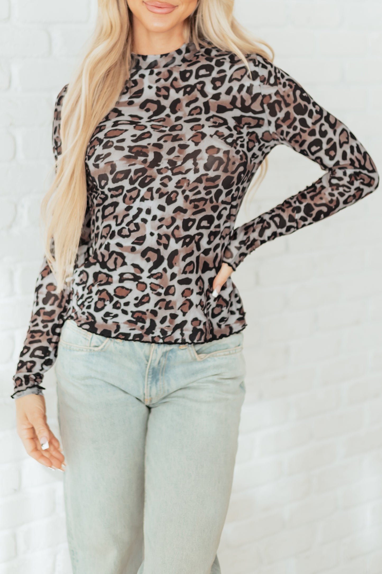Brown Leopard Mock Neck Mesh Long Sleeve Top - Snoopy's Closet