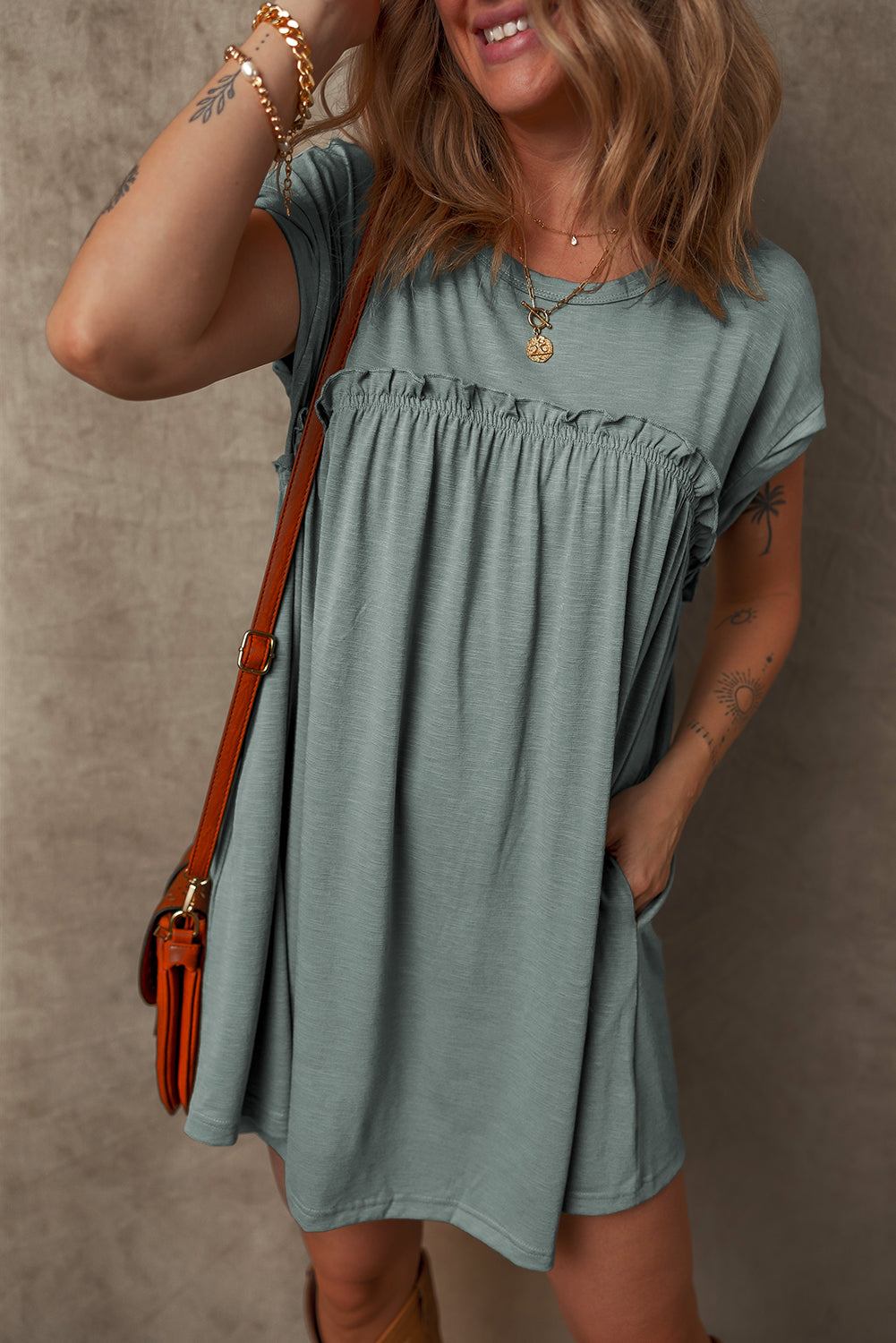 Mist Green Frilled Gathered Seam Round Neck T Shirt Dress - Snoopy's Closet