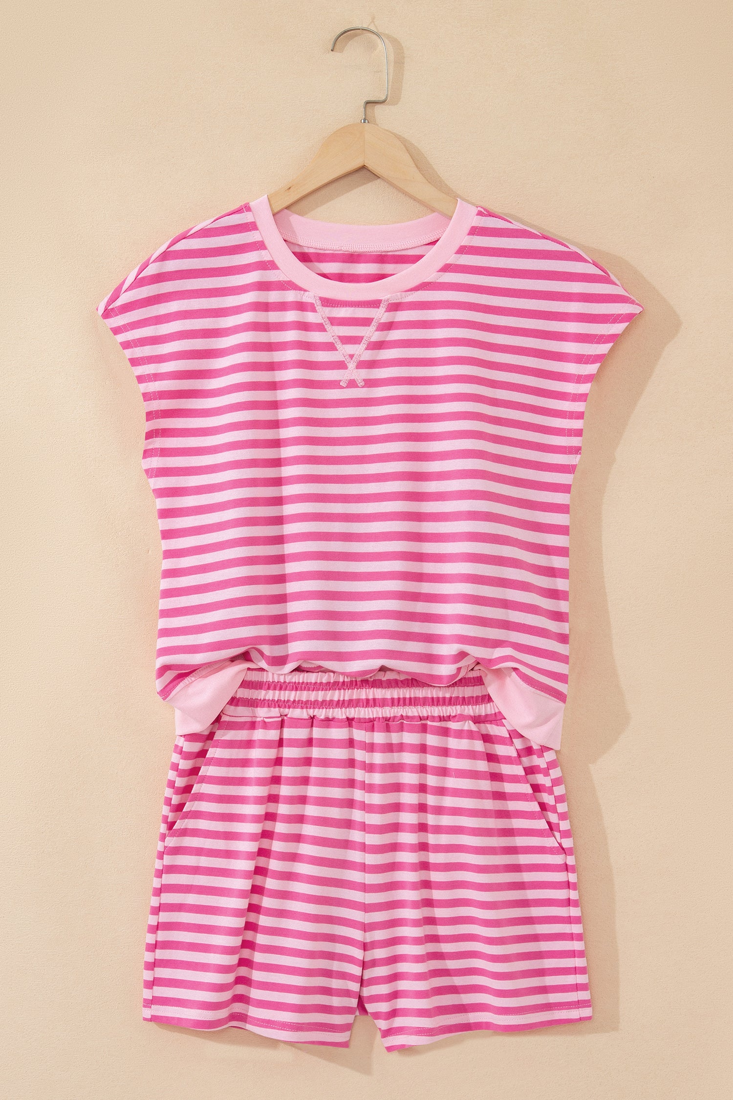 Pink Stripe Cap Sleeve Tee Elastic Waist Shorts 2pcs Outfit - Snoopy's Closet