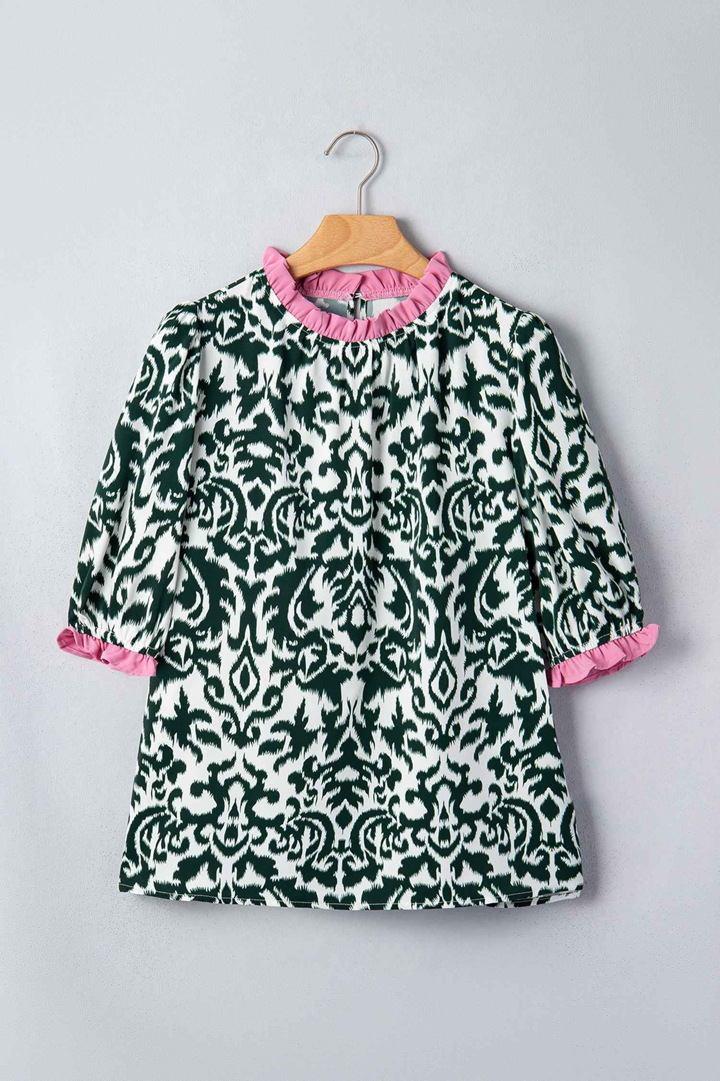 Green Damask Print Ruffled Color Block Detail Half Sleeve Blouse