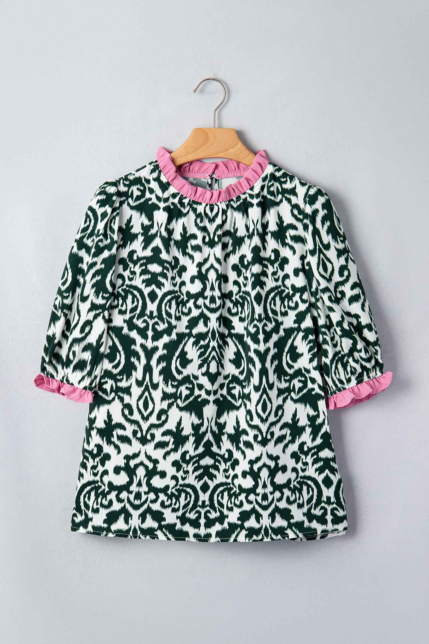 Green Damask Print Ruffled Color Block Detail Half Sleeve Blouse